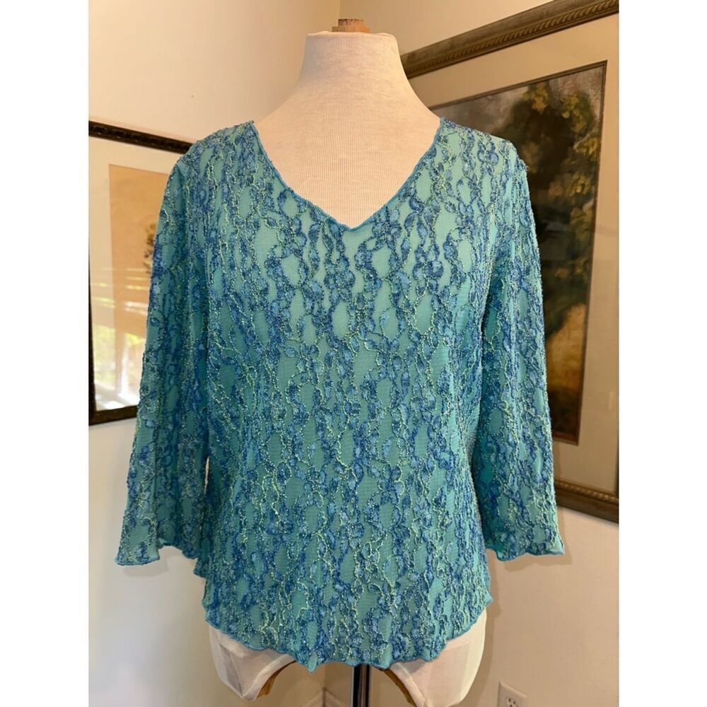 Surrealist Women’s V-Neck Lace Top in Teal Blue Size Large